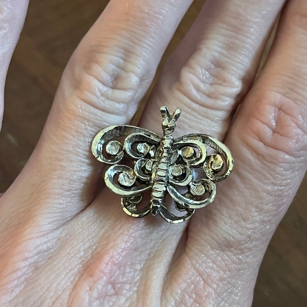 Vintage 1970s Artisan Ring Silver Tone Butterfly Shape Adjustable